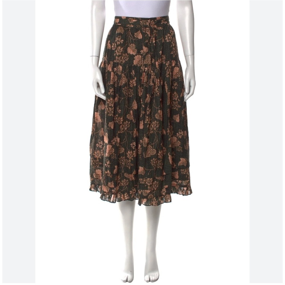 Ulla Johnson Skirt Women 6 Green Pink Floral Tiered Ruffle Midi Boho Fairy